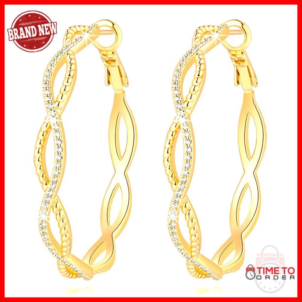 14K Gold Twisted Hoop Earrings with Cubic Zirconia, 5 Sizes 20-50mm